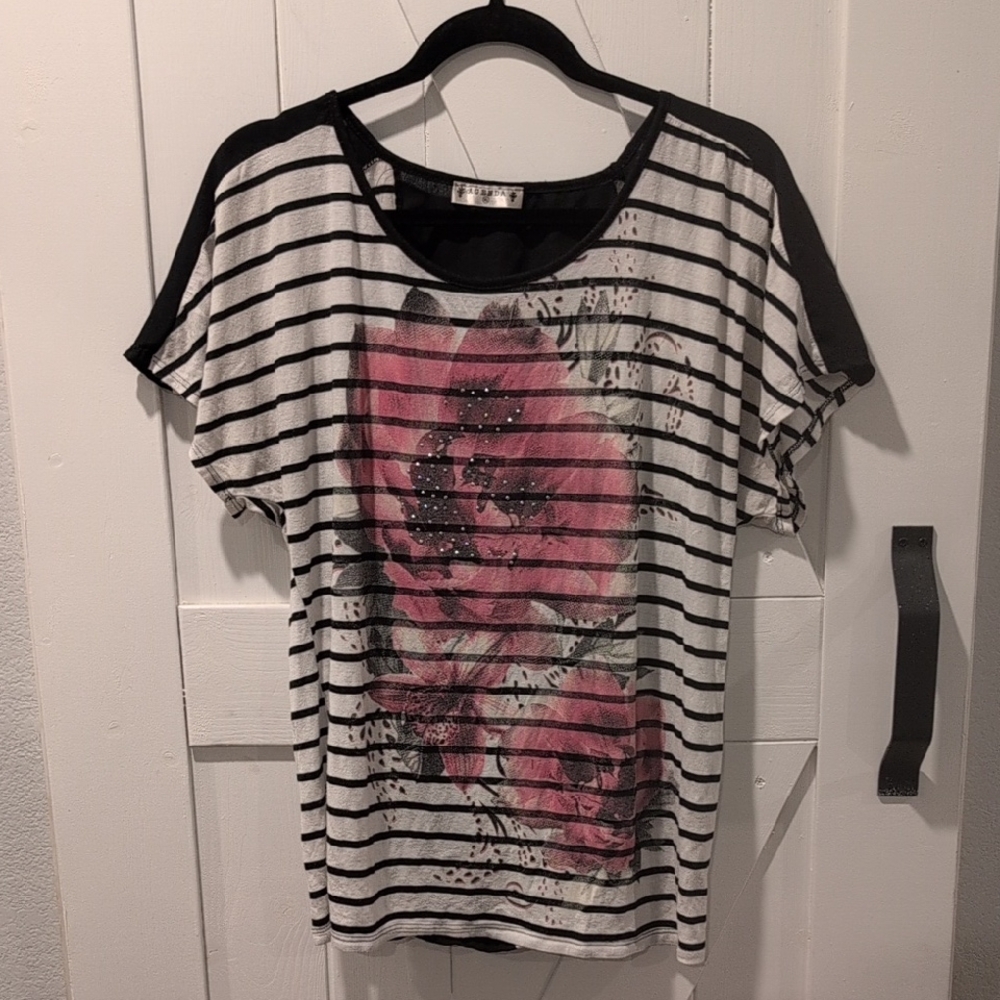 Agenda Lightweight Striped Tee with Pink Floral Accent Size XL
